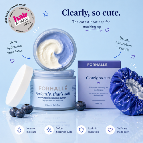 FORHALLE hair care product with packaging and blueberry on a light blue background