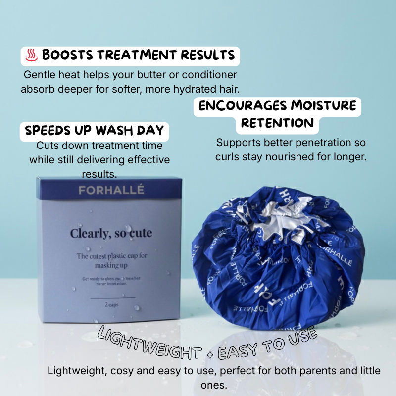 Blue heat cap with packaging labeled 'Forhallé' on a light blue background to boost moisture on curly hair